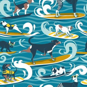 Large jumbo scale // Happy dogs catching waves // turquoise background aqua waves brown white and blue doggies yellow surf and bodyboards