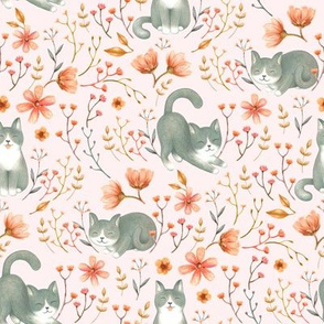 Charming Cottagecore Cats - on pale pink 