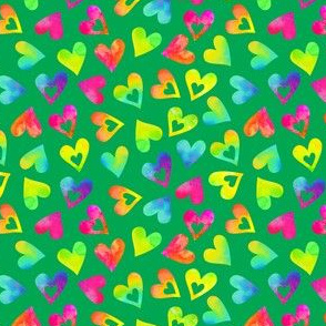 hearts toss rainbow watercolor in green (micro scale)