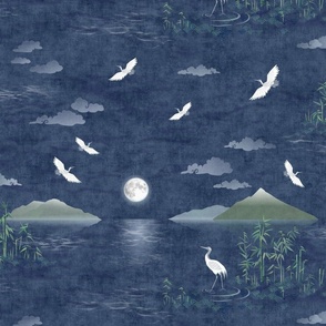 Moonrise with Cranes and Bamboo (large scale) | Night sky, moon fabric, bird fabric, seascape with mountains, cloud fabric, water fabric, lake scene.