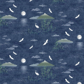 Moonrise with Cranes and Bamboo | Night sky, moon fabric, bird fabric, seascape with mountains, cloud fabric, water fabric, lake scene.