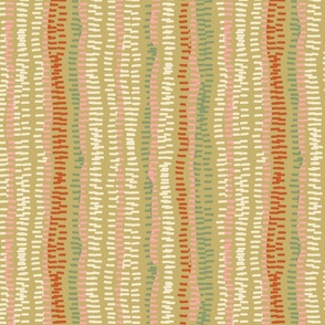 stitched rows tan, green, rust and ivory