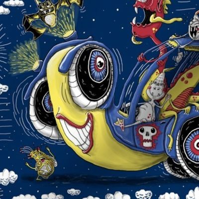 get in the car, we're goin' for a ride!...or March Midnight Monster Madness Rally, large scale, dark blue navy teal yellow red black white