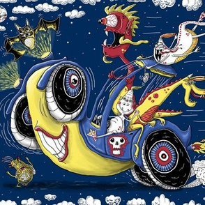 get in the car, we're goin' for a ride!...or March Midnight Monster Madness Rally, large scale, dark blue navy teal yellow red black white