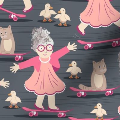 Granny on a Skateboard, Pink dress on a gray background