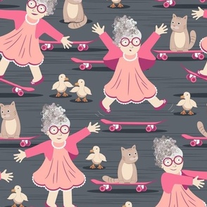 Granny on a Skateboard, Pink dress on a gray background