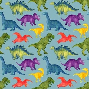 Small Watercolor Dinosaurs on Blue