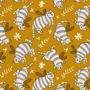 Striped bee cats vector pattern. Doodle sketched childish pets background.