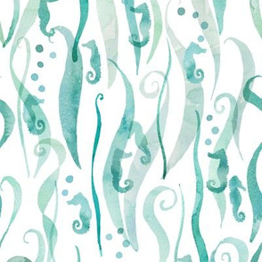 Seahorses and seaweed - aqua on white