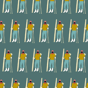 Cross-country Nordic Skiing People in Retro Colors in Yellow and Teal on Blue