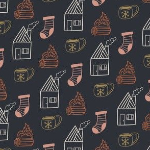 Hygge Houses, Stockings, Coffee Cups and Campfires with Charcoal Background