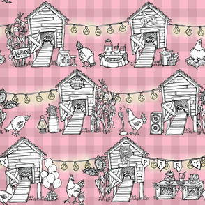 Henhouse Party, Gingham Pastel Pink Chickens