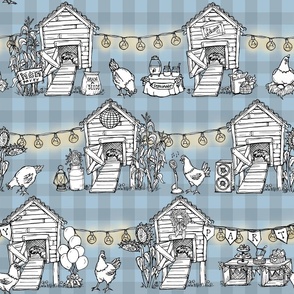 Henhouse Party Blue Gingham Plaid, Rustic Country Chickens