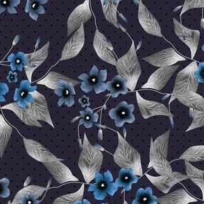 Blue flowers and gray leaves on a dark background