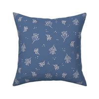 563 $ - Medium scale Cottage garden tossed floral in denim blue tones: delicate and dainty suited to apparel, quilting, patchwork and home accessories.