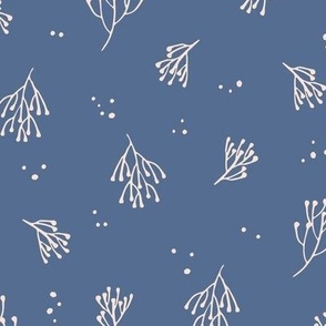 563 $ - Medium scale Cottage garden tossed floral in denim blue tones: delicate and dainty suited to apparel, quilting, patchwork and home accessories.