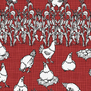 Chicken in Corn Pastel Barn Red Wallpaper weave