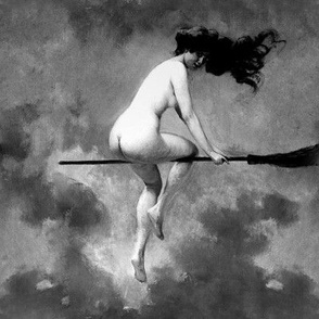 black white monochrome naked nude back skyclad flying witches wicca paganism inspired broom occult sky night clouds long hair occult lady Halloween beautiful woman fantasy art ritual nudity erotic sexy sabbath portrait painting magic 