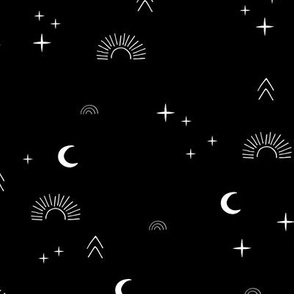 Magic boho sunshine moon and stars universe theme sparkle neutral monochrome black and white