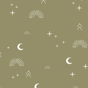 Magic boho sunshine moon and stars universe theme sparkle neutral olive green