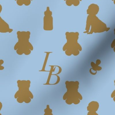 Louis Baby Luxury Iconic Monogram Pattern on Classic Blue with Tan Motifs