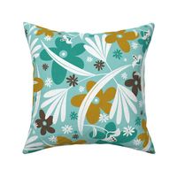 In The Groove - Retro Floral - Textured Aqua Goldenrod Yellow Large Scale