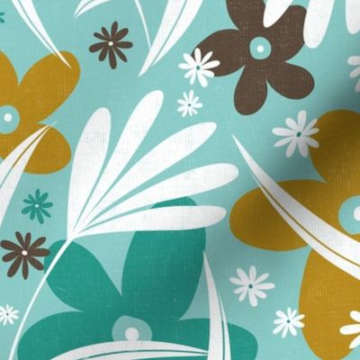 In The Groove - Retro Floral - Textured Aqua Goldenrod Yellow Large Scale