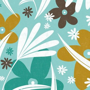 In The Groove - Retro Floral - Textured Aqua Goldenrod Yellow Large Scale