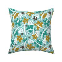 In The Groove - Retro Floral - Textured Aqua Goldenrod Yellow Regular Scale