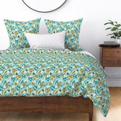 In The Groove - Retro Floral - Textured Aqua Goldenrod Yellow Regular Scale