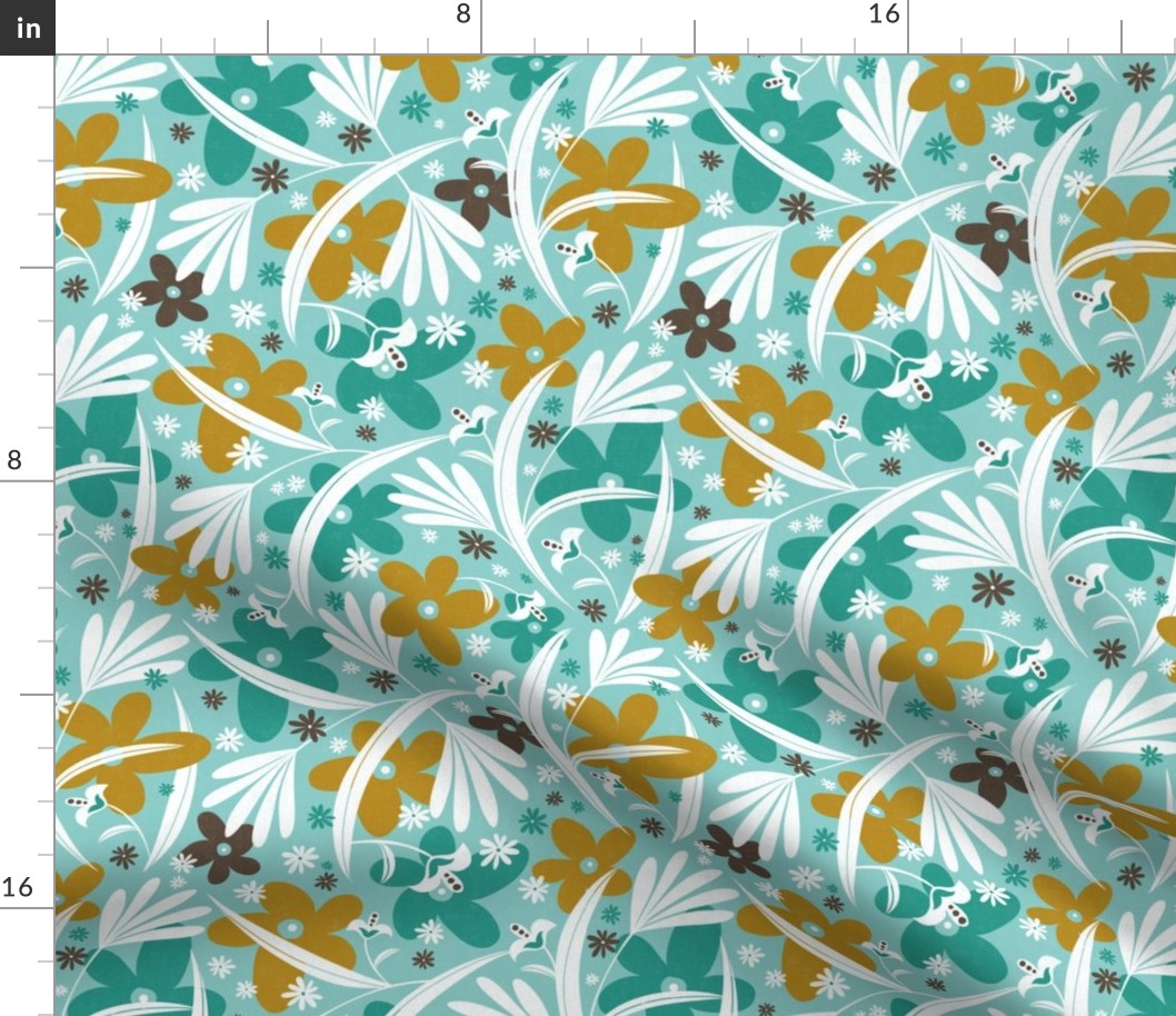 In The Groove - Retro Floral - Textured Aqua Goldenrod Yellow Regular Scale