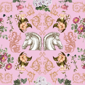 Rococo Horses and Flowers No.2 Pink - Large Version