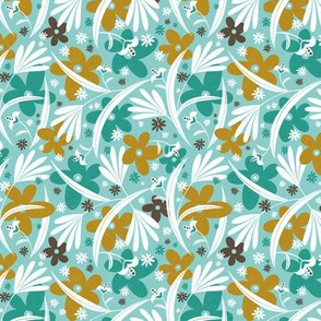 In The Groove - Retro Floral - Textured Aqua Goldenrod Yellow Small Scale