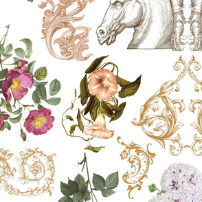 Rococo Horses and Flowers No. 3 White - Large Version