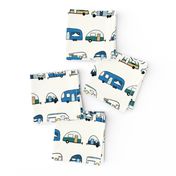 Retro Campers - retro trailers and camper vans -  blue green yellow - small scale