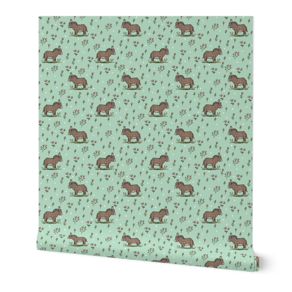 Brown Baby Donkey on Pastel Green