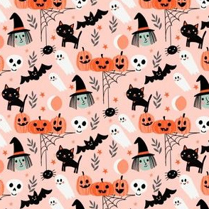 SMALL cute halloween fabric - witch, bat, cat, spider, ghosts fabric - pink