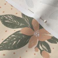 Large Boho Floral with Dot -  Green, peach, cream