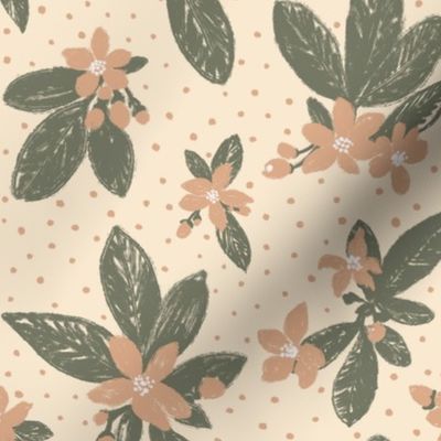Large Boho Floral with Dot -  Green, peach, cream