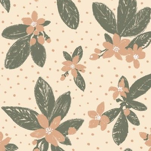 Large Boho Floral with Dot -  Green, peach, cream