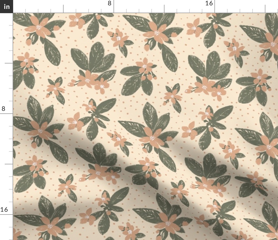 Large Boho Floral with Dot -  Green, peach, cream