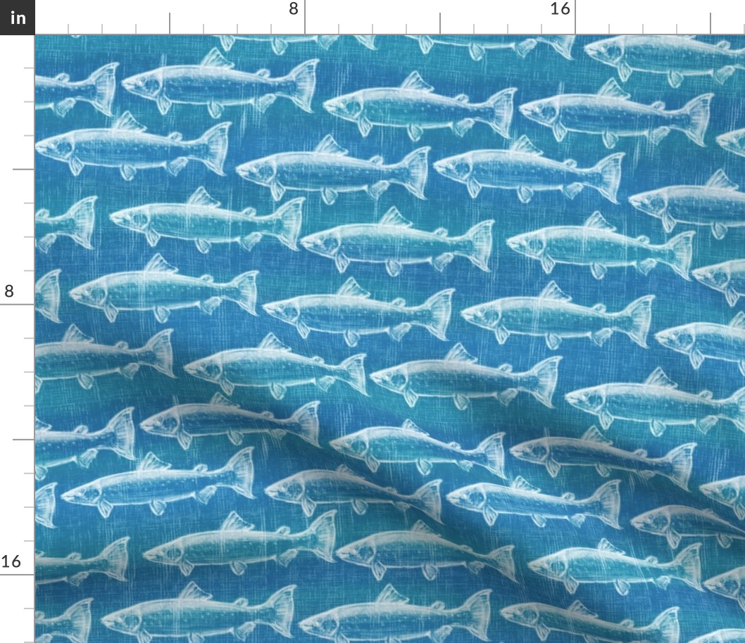 School of Fish Salmon on Blue Fabric | Spoonflower