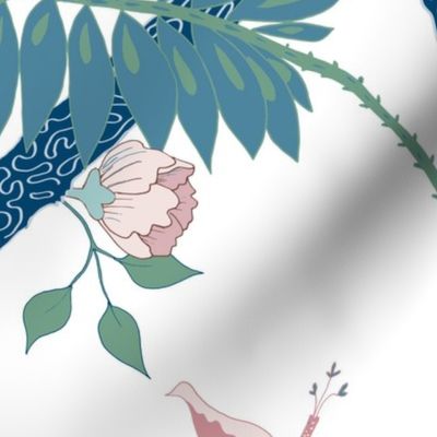 White Custom Peony Branch Blue Green with pinks