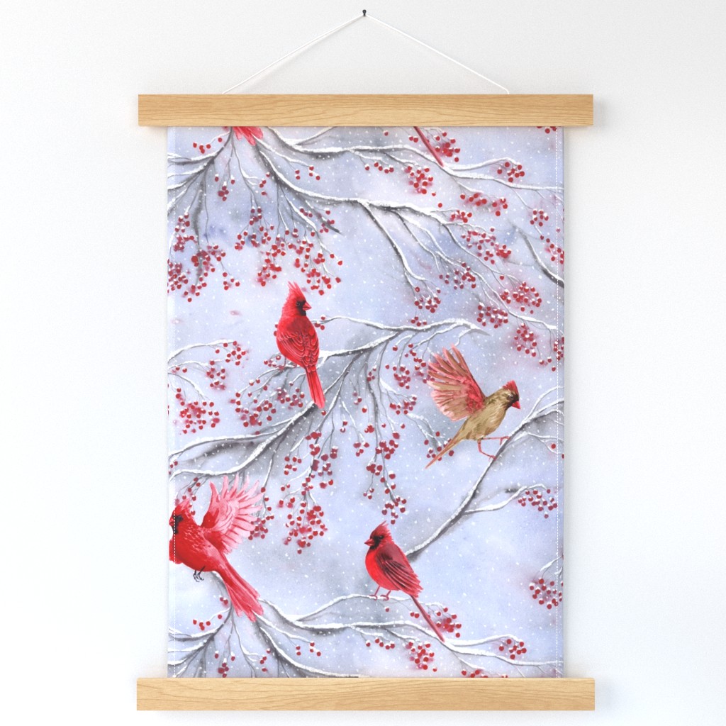 cardinal birds on a winter tree with red berries, snowflakes, 