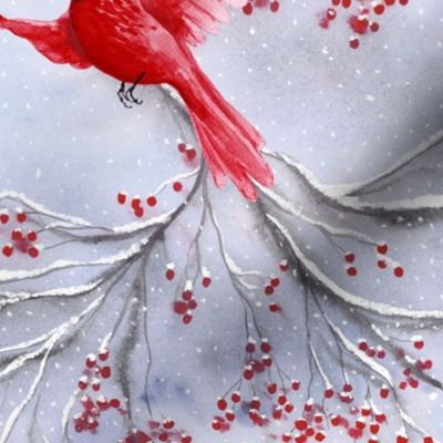 cardinal birds on a winter tree with red berries, snowflakes, 