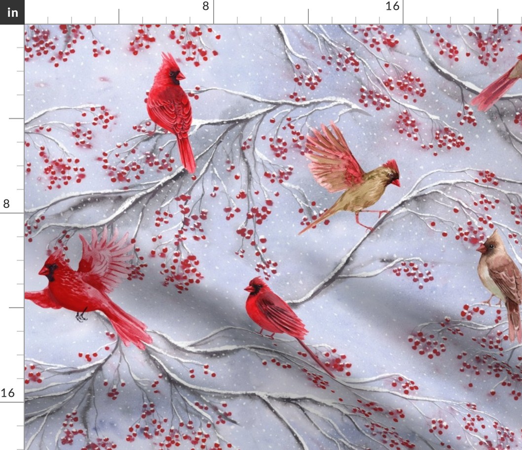 cardinal birds on a winter tree with red berries, snowflakes, 