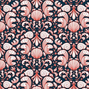 Seashell Damask in Coastal Red and Nautical Navy - Small