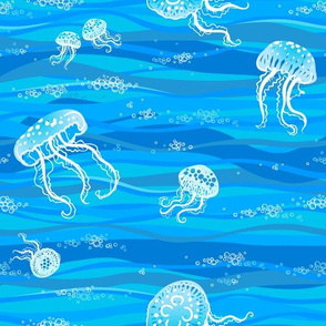 Blue pattern with waves and jellyfish.