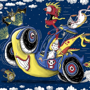 get in the car, we're goin' for a ride!...or March Midnight Monster Madness Rally, jumbo large scale, dark blue navy teal yellow red black white