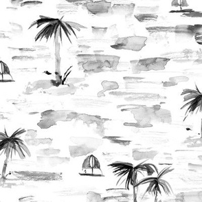 paradise sea view in grey shades  - watercolor ocean with palms and boats - summer holiday vibes pa857-8